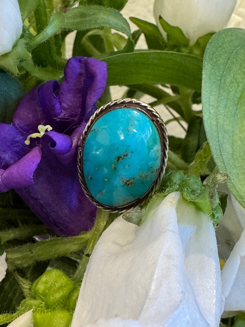 Turquoise Ring Oval Bear Paw Stamped Native Sterling Silver 925  size 6.5